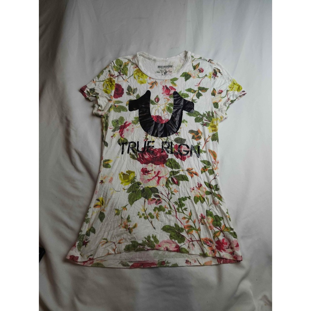 True Religion Womens Floral Logo Graphic T-Shirt White Pink Green Size M